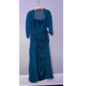Jade by jasmine: Teal strapless formal gown with shall.